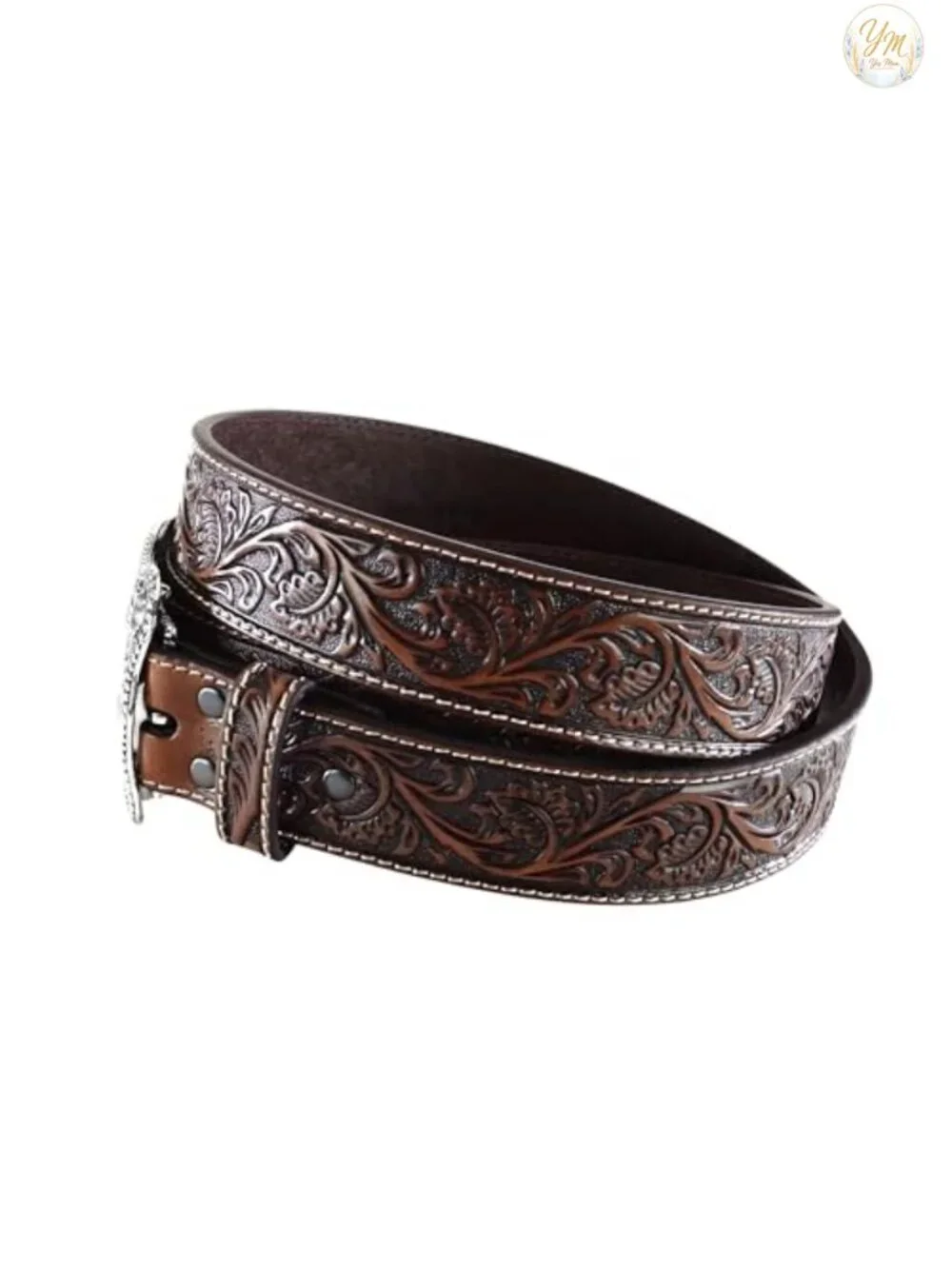 Floral Embossed Leather Western Belt with Antiqued Silver Cowboy Buckle, 1-1/2
